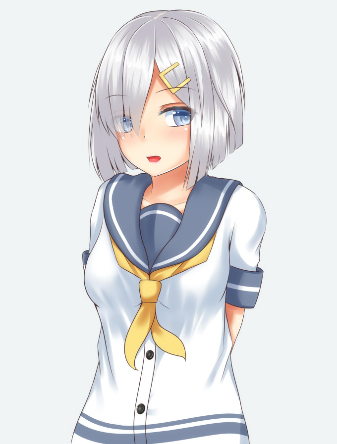 10s 1girl arms_behind_back blue_eyes blush eyes_visible_through_hair female_focus hair_ornament hair_over_one_eye hairclip hamakaze_(kancolle) kantai_collection looking_at_viewer neckerchief open_mouth sailor_collar school_uniform serafuku shokora_momiji short_hair silver_hair simple_background solo yellow_neckerchief