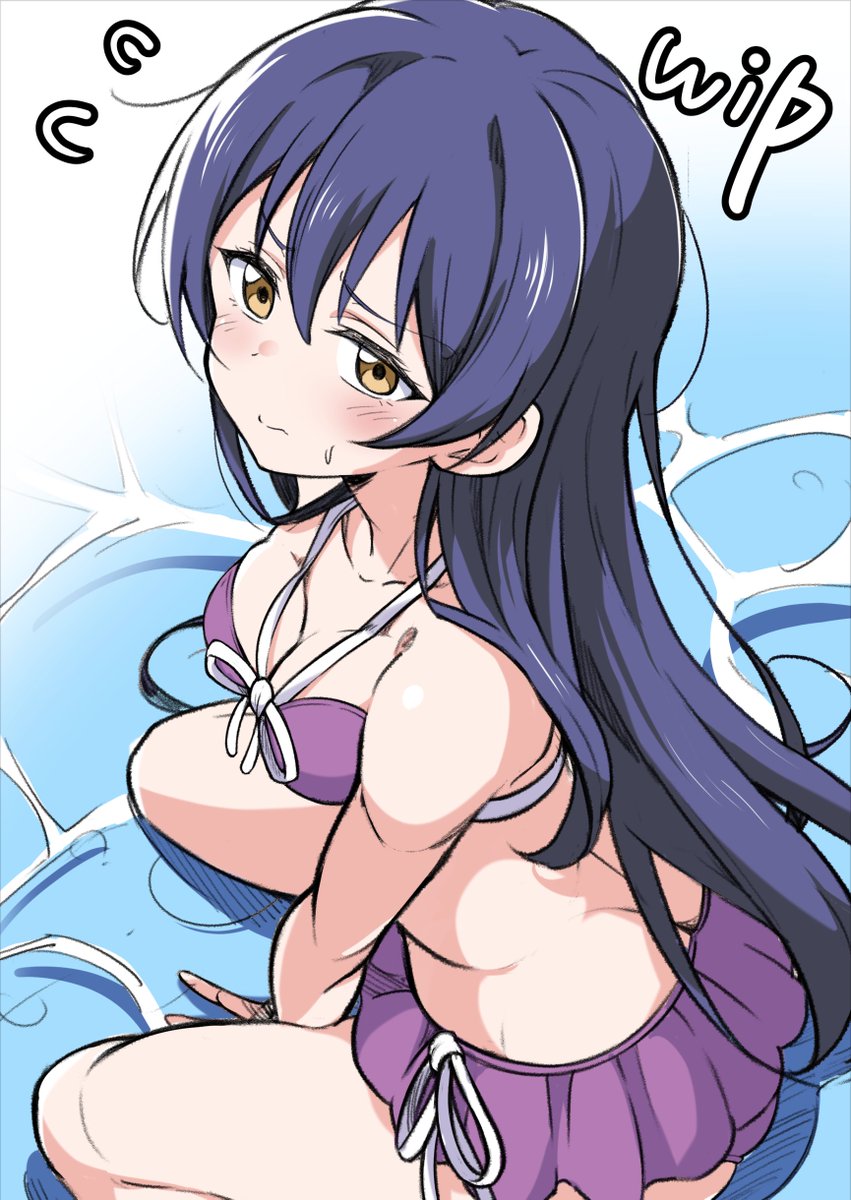 1girl ass bikini blush breasts butt_crack cleavage closed_mouth collarbone commentary_request flying_sweatdrops frown hair_between_eyes highres kirisaki_reina long_hair love_live! love_live!_school_idol_project medium_breasts on_ground purple_bikini sitting solo sonoda_umi sweatdrop swimsuit unfinished very_long_hair water yellow_eyes