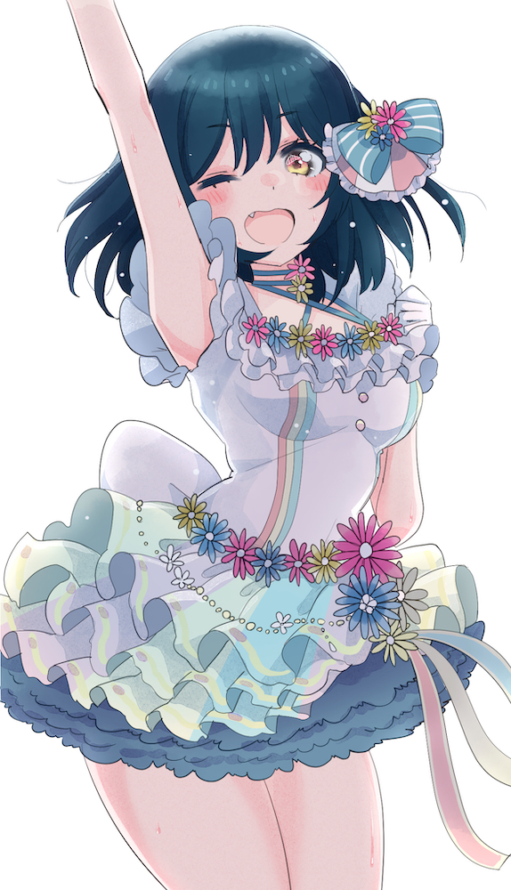 1girl ;d aqua_bow arm_up armpits black_hair blush bow breasts cowboy_shot cream_(nipakupa) criss-cross_halter dress fang frilled_dress frills gloves hair_bow halter_dress halterneck looking_at_viewer love_live! love_live!_nijigasaki_high_school_idol_club love_u_my_friends medium_breasts mifune_shioriko official_alternate_costume one_eye_closed open_mouth orange_eyes pinstripe_bow short_dress short_hair sleeveless sleeveless_dress smile solo split_mouth sweat white_dress white_gloves