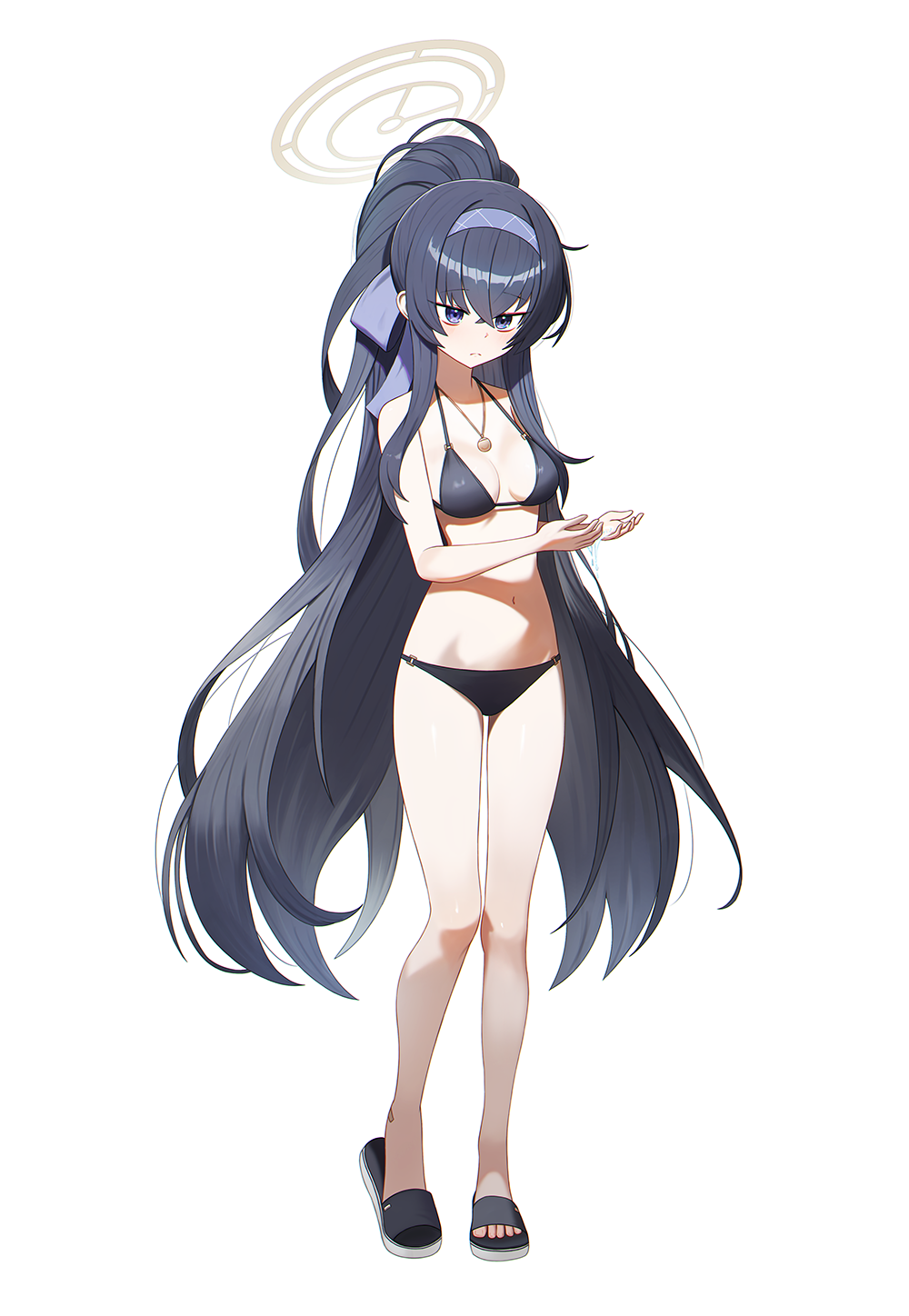 1girl bikini black_bikini black_hair blue_archive blue_eyes breasts brown_halo commentary_request crossed_bangs cupping_hands feet full_body hair_between_eyes hairband halo halterneck heel_up highres jewelry light_blush long_hair looking_at_viewer medium_breasts melreon navel necklace o-ring o-ring_bikini o-ring_bottom o-ring_top official_alternate_costume own_hands_together ponytail purple_hairband sandals simple_background solo standing swimsuit tachi-e toes ui_(blue_archive) ui_(swimsuit)_(blue_archive) very_long_hair water white_background