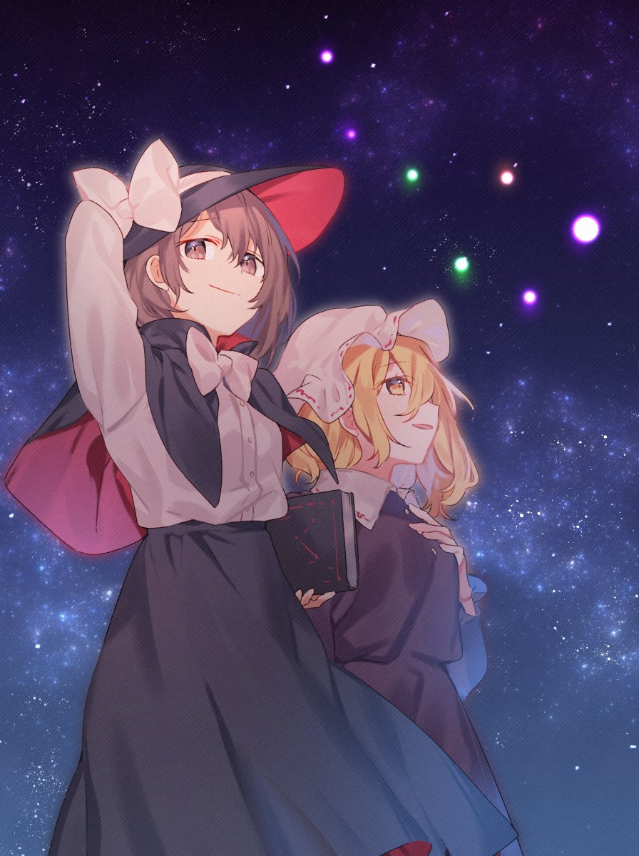 2girls akagashi_hagane big_dipper black_capelet black_headwear black_skirt blonde_hair book bow bowtie breasts brown_eyes brown_hair capelet closed_mouth collared_dress constellation derivative_work dress hand_on_headwear hand_on_own_chest highres holding holding_book long_sleeves maribel_hearn multiple_girls night night_sky open_mouth outdoors purple_dress rainbow-colored_septentrion shirt short_hair skirt sky small_breasts smile star_(sky) starry_sky touhou usami_renko white_bow white_bowtie white_shirt yellow_eyes