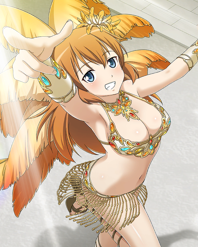 1girl blue_eyes blush breasts charlotte_e._yeager cleavage feathers from_above grin large_breasts long_hair looking_at_viewer navel official_art orange_hair samba smile solo strike_witches world_witches_series