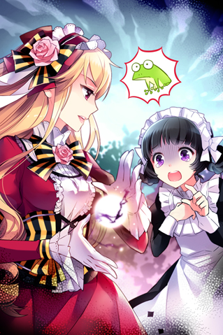 2girls apron black_hair blonde_hair blunt_bangs bow cinia_pacifica corset dress frills gloves hairband long_hair long_sleeves lowres maid maid_apron maid_headdress multiple_girls nardack new_maid open_mouth pink_eyes purple_eyes ribbon sword_girls turn_pale