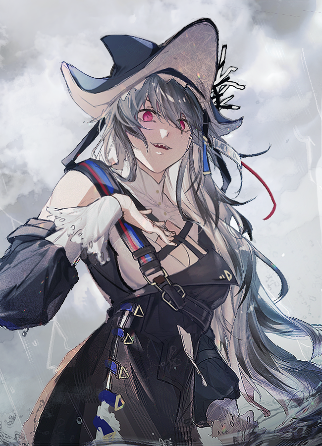 1girl arknights arm_at_side black_dress black_hat black_sleeves breasts cloud cloudy_sky commentary cowboy_shot detached_sleeves dress evil_smile from_below grey_hair grey_sky hand_on_own_chest hat hatyo long_hair looking_at_viewer looking_down medium_breasts painterly pointy_hat red_eyes sharp_teeth shoulder_strap sky smile solo specter_(arknights) specter_the_unchained_(arknights) symbol-only_commentary teeth