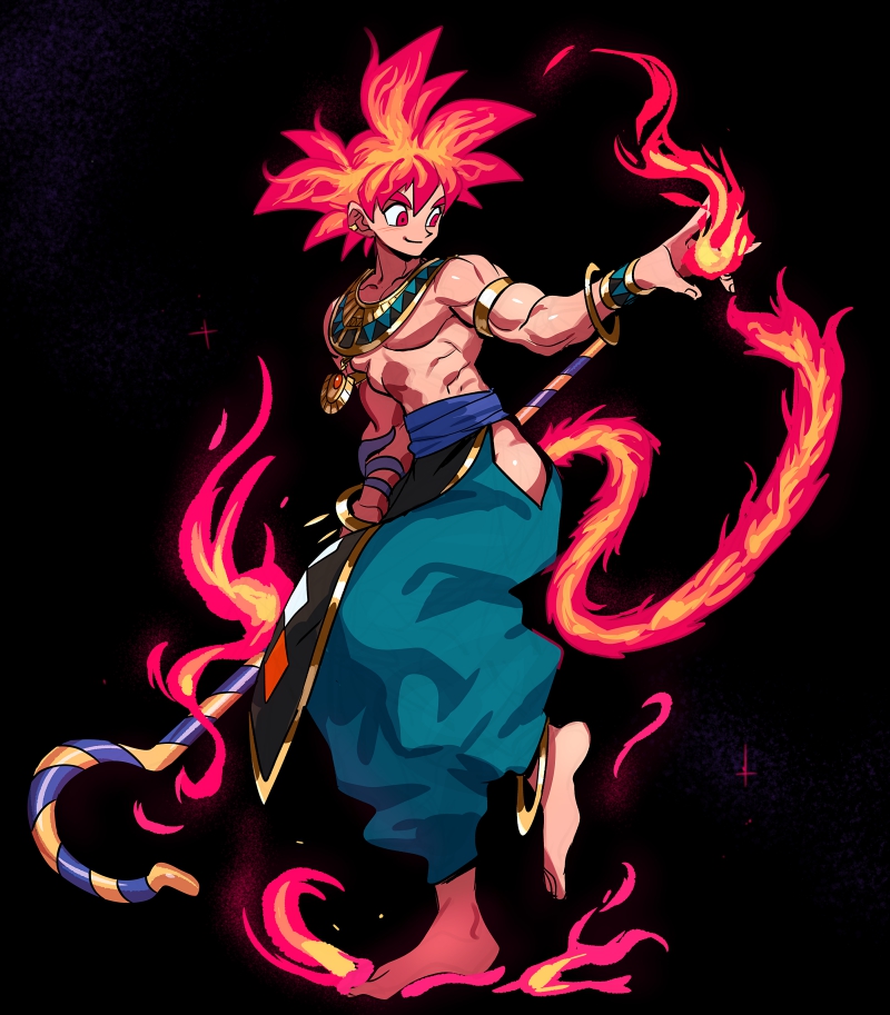 ancient_egyptian_clothes armlet baggy_pants barefoot blue_pants commentary dragon_ball dragon_ball_super full_body gold holding holding_staff jewelry monkey_boy monkey_tail nanika_(nnkgh) no_shirt pants red_eyes red_hair solo son_goku spiked_hair staff super_saiyan super_saiyan_god symbol-only_commentary tail toned toned_male