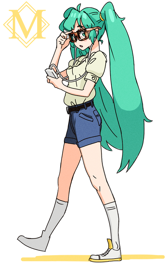 1girl aqua_eyes aqua_hair bespectacled blush casual digital_media_player earbuds earphones female_focus glasses hatsune_miku hipster ipod kiriririn long_hair scrunchie shoes shorts sneakers socks solo twintails vocaloid