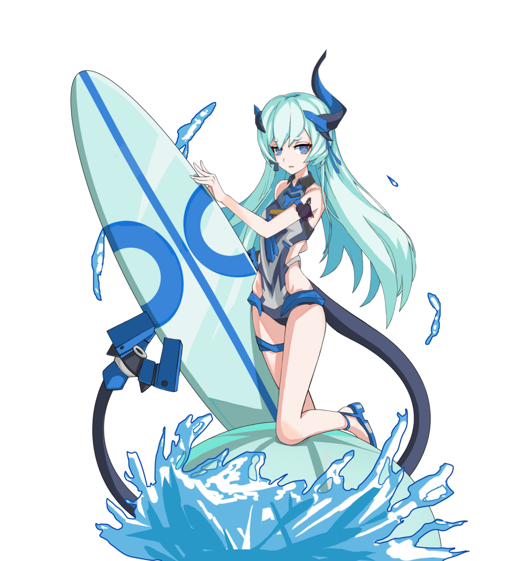 1girl ball beachball blue_eyes blue_hair holding holding_surfboard honkai_(series) honkai_impact_3rd horns liliya_olenyeva long_hair sandals single_horn solo surfboard swimsuit tail transparent_background