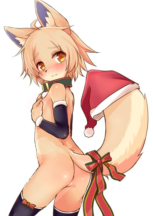 1girl animal_ears ass black_thighhighs brown_eyes brown_hair christmas collar commentary_request covering_privates covering_breasts dog_ears dog_tail from_behind furry furry_female hands_on_own_chest hat kida_kuro_mu leonor_(kida_kuro_mu) looking_back nude original pussy ribbon santa_hat short_hair simple_background solo tail tail_ornament tail_ribbon thighhighs white_background