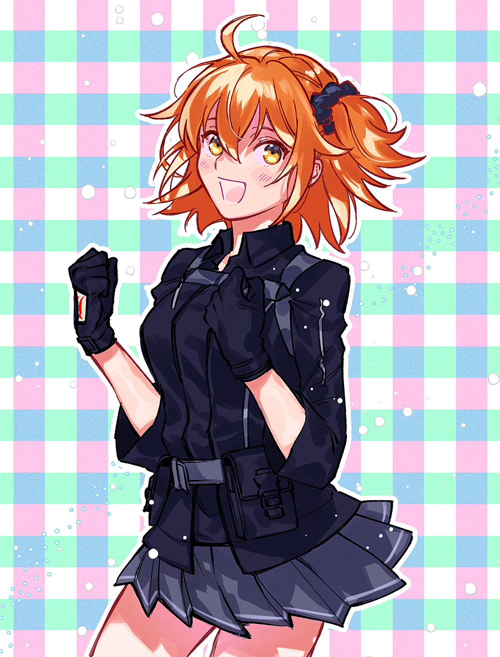 1girl :d ahoge black_gloves black_jacket black_scrunchie blush cowboy_shot fate/grand_order fate_(series) floating_hair fujimaru_ritsuka_(female) fujimaru_ritsuka_(female)_(polar_chaldea_uniform) gloves grey_skirt hair_between_eyes hair_ornament hair_scrunchie highres jacket long_sleeves medium_hair miniskirt one_side_up open_mouth orange_hair plaid_background pleated_skirt scrunchie sketch skirt smile solo standing uni_(nico02) yellow_eyes