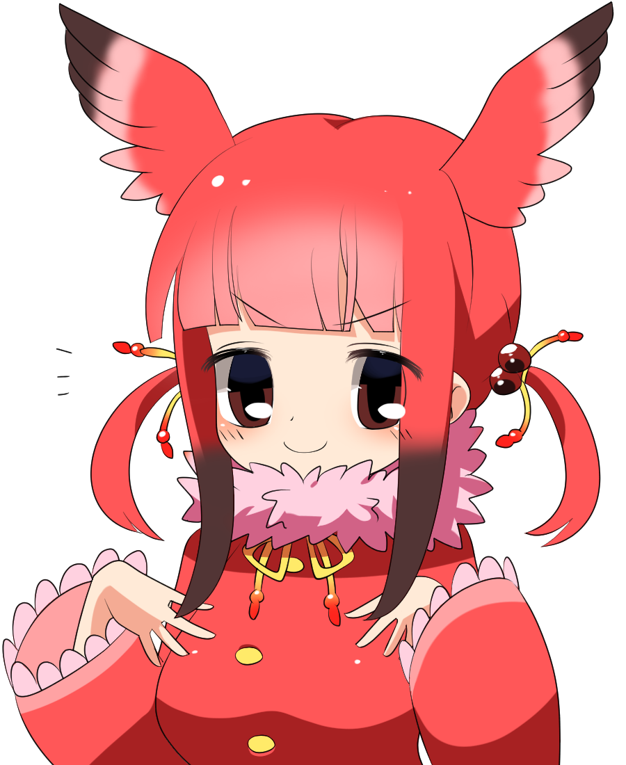 1girl blunt_bangs blush breasts brown_eyes brown_wings closed_mouth commentary_request frilled_sleeves frills fur_collar gradient_wings hair_bobbles hair_ornament hands_on_own_chest head_wings kemono_friends lets0020 long_sleeves looking_at_viewer low_twintails medium_breasts multicolored_wings neck_ribbon pink_wings red_eyes red_hair red_sweater ribbon scarlet_ibis_(kemono_friends) short_hair short_twintails sidelocks simple_background smile solo sweater twintails upper_body v-shaped_eyebrows white_background wings yellow_ribbon