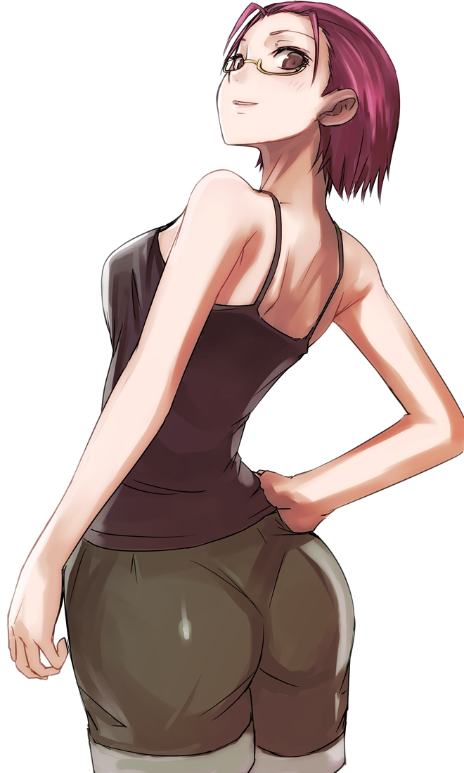 1girl ass bad_id bad_pixiv_id bare_shoulders brown_eyes female_focus from_behind glasses hand_on_own_hip hip_focus kamisama_dolls karahari_kuuko looking_back pink_hair short_hair shorts simple_background solo tank_top tea_(nakenashi)