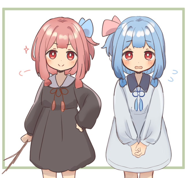 2girls aged_down blue_hair blush bow collared_dress corn_kuten dress flying_sweatdrops hair_bow hand_on_own_hip holding holding_stick kotonoha_akane kotonoha_aoi long_sleeves multiple_girls one_side_up open_mouth own_hands_clasped own_hands_together pink_hair red_eyes siblings sisters smile stick voiceroid