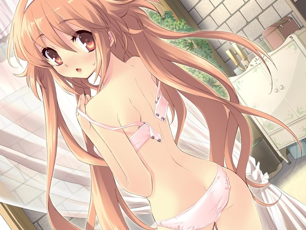 alice_(alice_parade) alice_parade blush brown_eyes brown_hair head_turn ito_noizi lingerie long_hair panties thighhighs underwear undressing