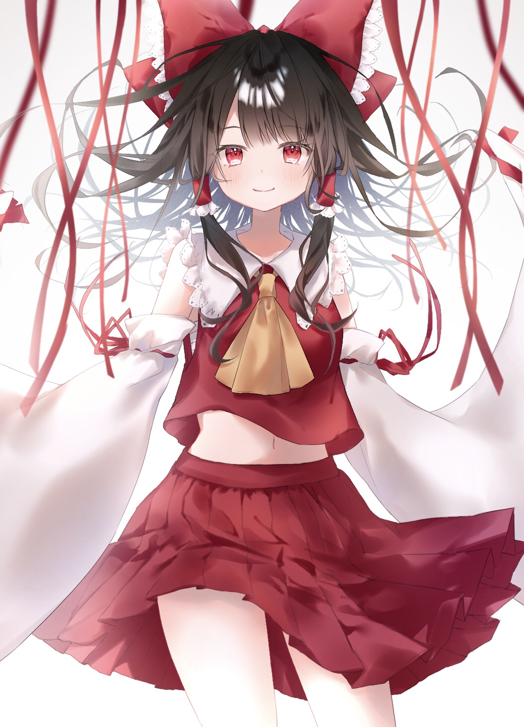 1girl ascot bare_shoulders blush bow breasts brown_hair closed_mouth commentary_request crossed_arms detached_sleeves dress eyes_visible_through_hair feet_out_of_frame frills furawast hair_between_eyes hair_tubes hakurei_reimu highres long_hair long_sleeves looking_at_viewer medium_breasts navel ofuda red_bow red_dress red_eyes red_ribbon red_skirt ribbon simple_background skirt smile solo stomach tape thighs touhou upper_body white_background wide_sleeves yellow_ascot