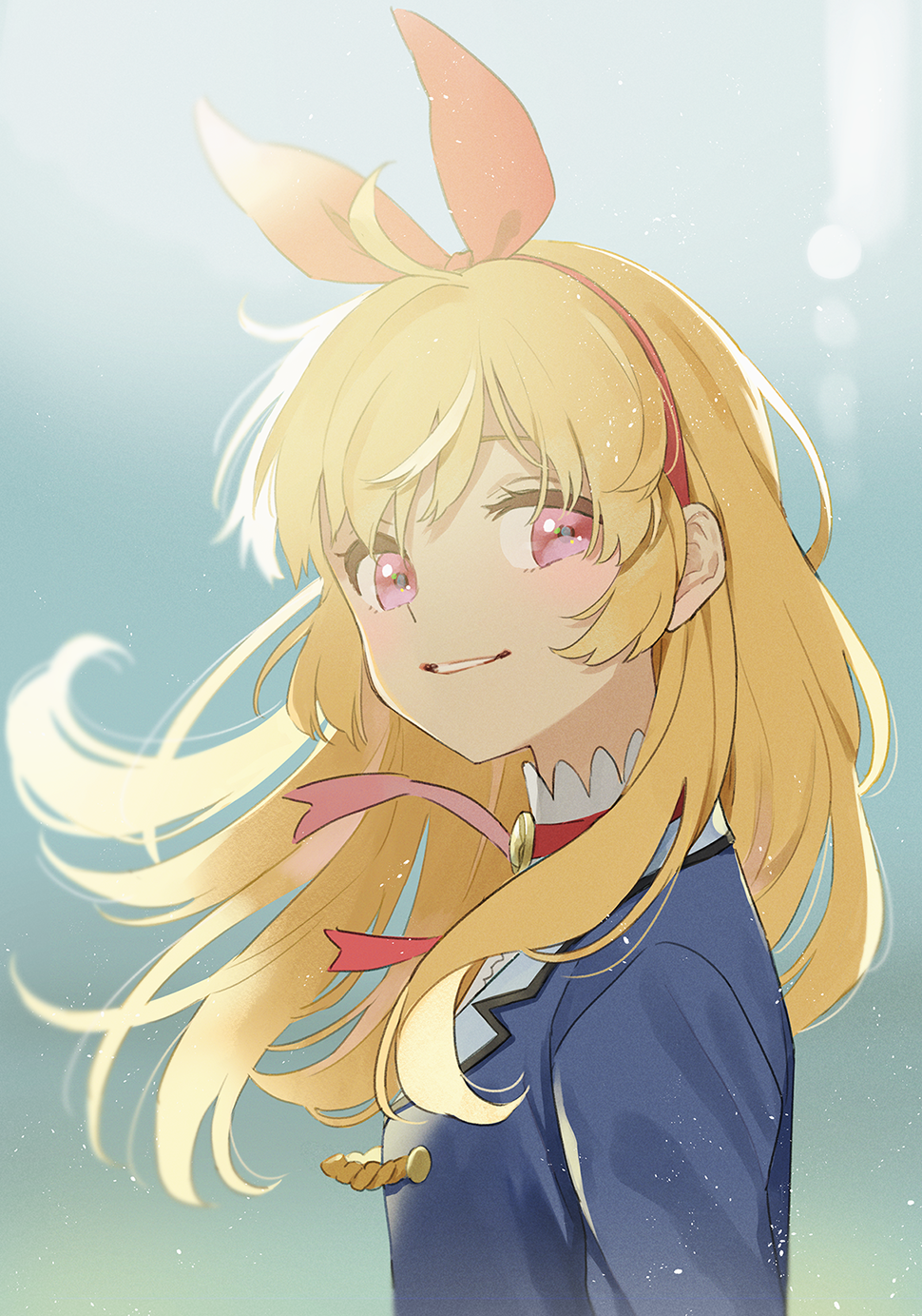 1girl ahoge aikatsu! aikatsu!_(series) blonde_hair bow bow_hairband commentary_request gobou_1000 hair_bow hairband highres hoshimiya_ichigo long_hair long_sleeves red_bow red_eyes red_ribbon ribbon school_uniform simple_background smile solo sun_glare