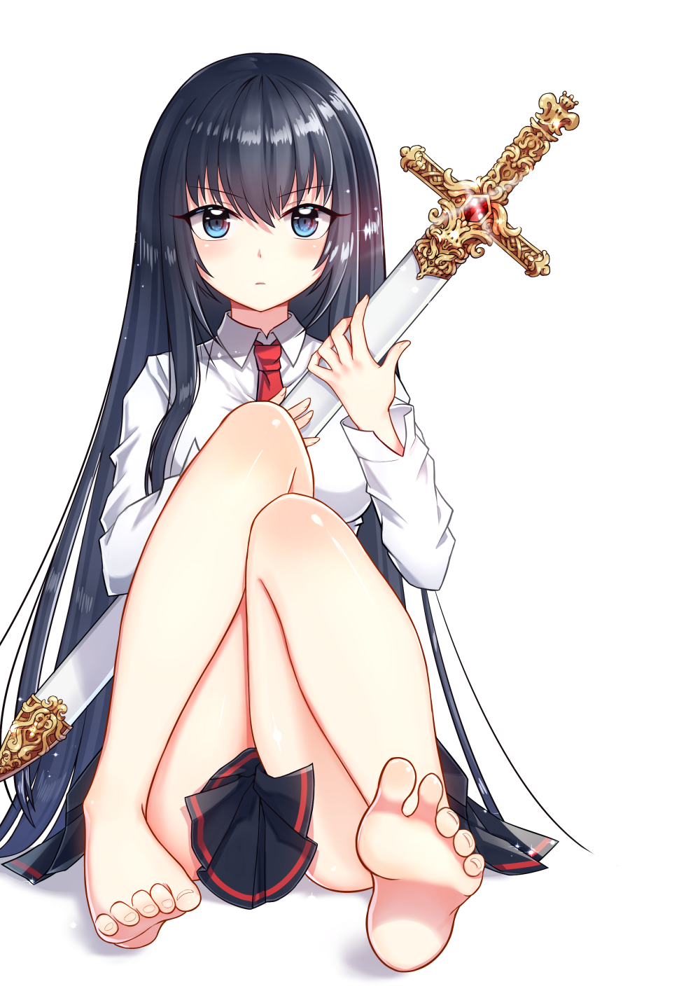 1girl bad_id bad_pixiv_id barefoot black_hair blush expressionless feet female_focus full_body gem gold highres legs long_hair long_sleeves necktie original pleated_skirt sheath sheathed shirt simple_background skirt soles solo sugarv sword toes very_long_hair weapon white_background