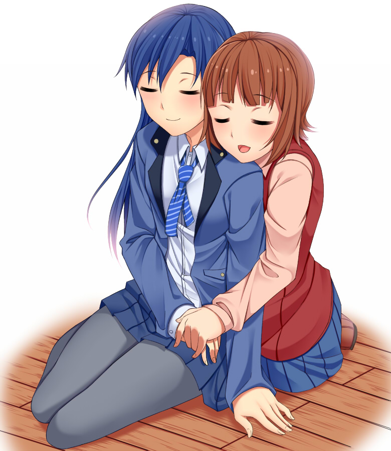 2girls abe_(roiz) amami_haruka arm_support bad_id bad_pixiv_id blue_hair blush brown_hair closed_eyes holding_hands idolmaster idolmaster_(classic) kisaragi_chihaya multiple_girls open_mouth pantyhose shoes simple_background sitting skirt smile tanishi yokozuwari yuri