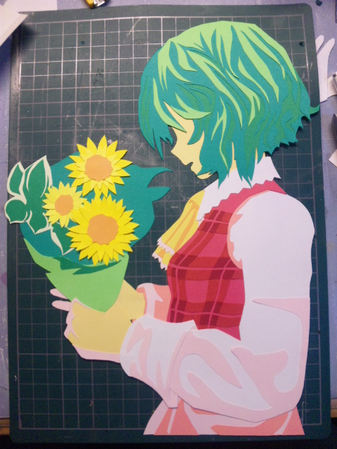 1girl ascot bouquet character_cutout eagle-t-village faceless female_focus flower green_hair kazami_yuuka kirigami kirigami_(medium) long_sleeves open_mouth papercraft_(medium) photo_(medium) pink_shirt plaid_clothes plaid_vest profile shirt short_hair solo touhou unconventional_media vest wavy_hair