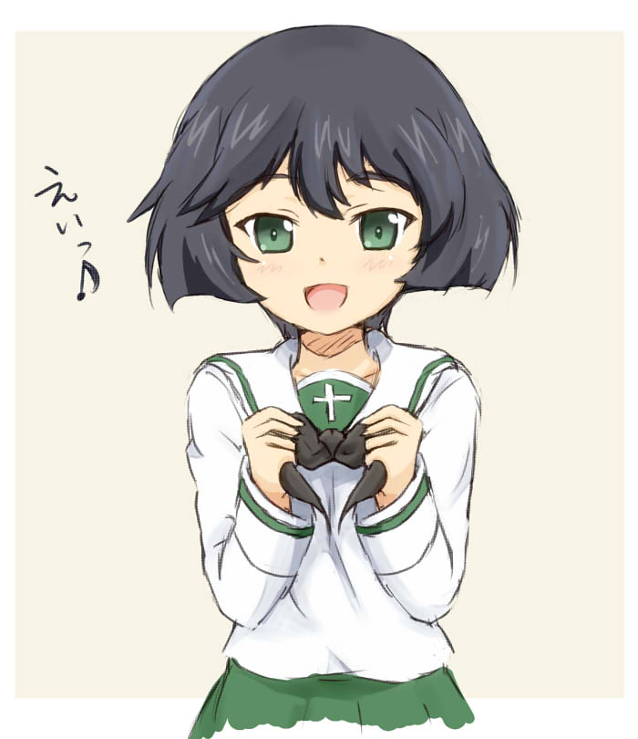 1girl :d black_hair black_neckerchief blunt_ends blush bob_cut border breasts brown_background commentary cropped_legs girls_und_panzer green_eyes green_skirt hair_between_eyes holding holding_neckerchief long_sleeves looking_at_viewer ma-2_(konkon_kitakitsune) musical_note neckerchief ooarai_school_uniform open_mouth outside_border pleated_skirt sailor_collar school_uniform serafuku shirt short_hair simple_background skirt small_breasts smile solo spoken_musical_note standing straight-on thick_eyebrows translated upper_body utsugi_yuuki w_arms white_border white_sailor_collar white_shirt