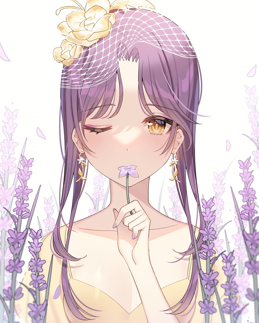 1girl collarbone commentary covering_own_mouth curtained_hair dress earrings flower gold_earrings hair_flower hair_ornament hand_up holding holding_flower jewelry lavender_(flower) long_hair looking_at_viewer one_eye_closed original parted_bangs purple_flower purple_hair purple_nails see-through_clothes see-through_veil short_sleeves solo umireki veil white_background white_veil yellow_dress yellow_eyes yellow_flower