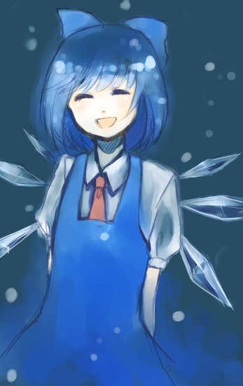 1girl arms_behind_back bad_id bad_pixiv_id blue_hair cirno closed_eyes dress female_focus gradient_background kurasawa_moko necktie open_mouth perfect_cherry_blossom smile snow solo touhou wings