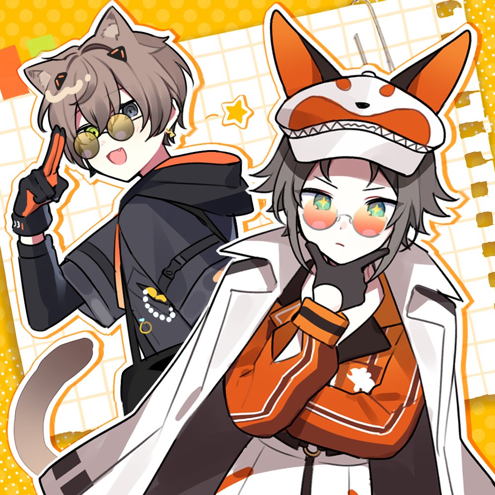 2boys :d alban_knox alban_knox_(1st_costume) animal_ear_fluff animal_ears black_gloves black_jacket blue_eyes brown_hair cabbie_hat cat_ears closed_mouth coat coat_on_shoulders commentary_request fang glasses gloves green_eyes hand_up hat hat_with_ears heterochromia hood hood_down hooded_jacket jacket long_sleeves male_focus multiple_boys mysta_rias mysta_rias_(1st_costume) nijisanji nijisanji_en open_mouth orange_gloves pants round_eyewear salute smile sparkling_eyes sunglasses thinking two-finger_salute two-tone_gloves upper_body virtual_youtuber waka_(wk4444) white_coat white_headwear white_pants