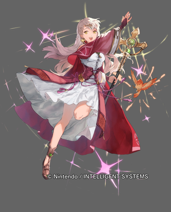 1girl bird cape commentary company_name cross-laced_clothes cross-laced_dress fire_emblem fire_emblem:_radiant_dawn fire_emblem_cipher full_body grey_background holding holding_staff long_hair mayo_(becky2006) micaiah_(fire_emblem) micaiah_(queen_of_dawn)_(fire_emblem) nintendo official_art orange_bird simple_background smile staff white_hair yellow_eyes