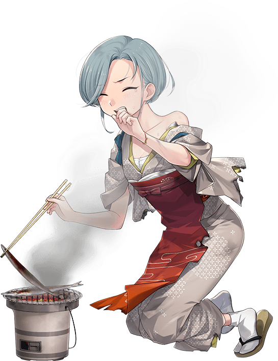 1girl apron burnt_clothes burnt_food closed_eyes cloud_print fish forehead fujikawa geta gradient_apron grey_hair grey_kimono grill japanese_clothes kantai_collection kimono kneeling leaning_forward looking_at_viewer mole mole_on_neck official_alternate_costume official_art red_apron sandals shichirin short_hair smoke socks solo swept_bangs tabi tamanami_(kancolle) tamanami_(saury_festival)_(kancolle) tasuki transparent_background variant_set white_socks