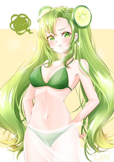 1girl arms_behind_back bikini blush breasts clip_studio_paint_(medium) cookie_run cookie_run:_ovenbreak green_bikini green_eyes green_hair hair_ornament humanization lime_cookie long_hair medium_breasts navel pout saltycaramel see-through_clothes solo spoken_squiggle squiggle swimsuit twintails yellow_background