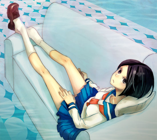 00s arai_chie black_hair bob_cut brown_eyes couch long_legs lying pillow sayonara_zetsubou_sensei school_uniform serafuku shoe_dangle shoes short_hair single_shoe solo aged_down