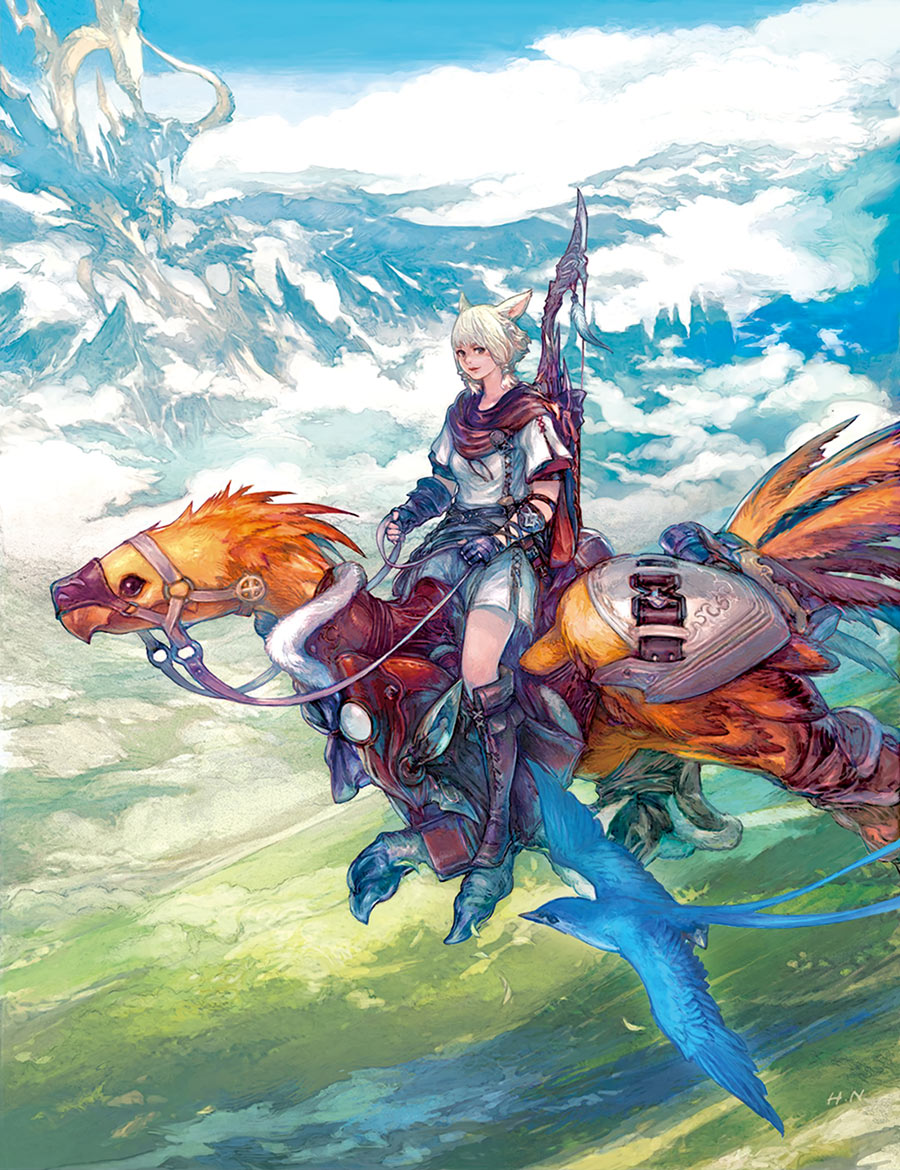 1girl above_clouds animal_ears barding belt bird black_gloves blue_bird blue_sky boots bow_(weapon) brown_footwear cape cat_ears chocobo cloud day facial_mark field final_fantasy final_fantasy_xiv fingerless_gloves flying from_above gloves holding holding_reins knee_boots looking_at_viewer miqo&#039;te mountain nagamine_hiroyuki official_art outdoors red_cape reins riding riding_bird saddle scenery shirt short_hair sitting sky smile solo third-party_source warrior_of_light_(ff14) weapon weapon_on_back white_hair white_shirt