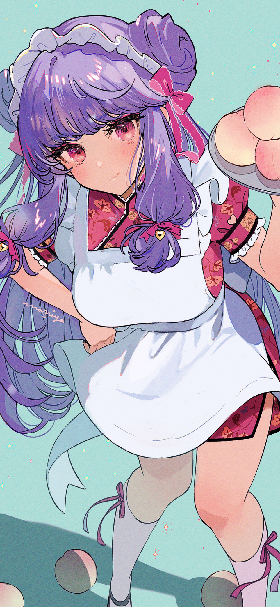 1girl apron steamed_bun breasts china_dress chinese_clothes dim_sum double_bun dress food hair_bun hair_ornament highres long_hair looking_at_viewer miyako_(xxxbibit) purple_hair ranma_1/2 shampoo_(ranma_1/2) smile solo tray white_apron