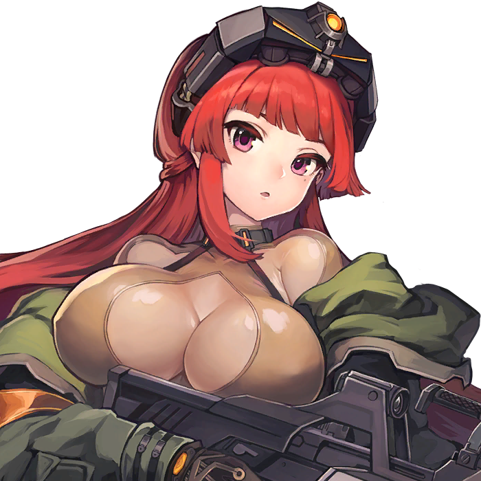 1girl blunt_bangs bodysuit bodysuit_under_clothes breasts covered_erect_nipples eyebrows_hidden_by_hair eyelashes female_focus game_cg gloves goggles goggles_on_head green_jacket gun head_tilt heavy_machine_gun high_collar holding holding_gun holding_weapon jacket large_breasts last_origin leprechaun_(last_origin) long_hair long_sleeves looking_at_viewer machine_gun mole mole_under_eye night-vision_device night_vision_device off_shoulder official_art open_mouth paintale purple_eyes red_hair shiny_clothes transparent_background upper_body weapon