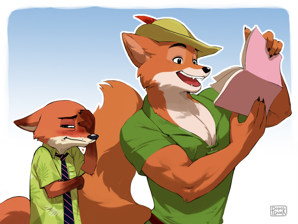 2boys animal_ears artist_logo black_eyes blush book claws commentary disney english_commentary fox_boy fox_ears fox_tail furry furry_male green_eyes green_shirt hand_on_own_face holding holding_book logo looking_to_the_side male_focus multiple_boys muscular muscular_male necktie nick_wilde open_book open_mouth pectorals popodunk reading robin_hood_(disney) robin_hood_(disney)_(character) shirt tail zootopia