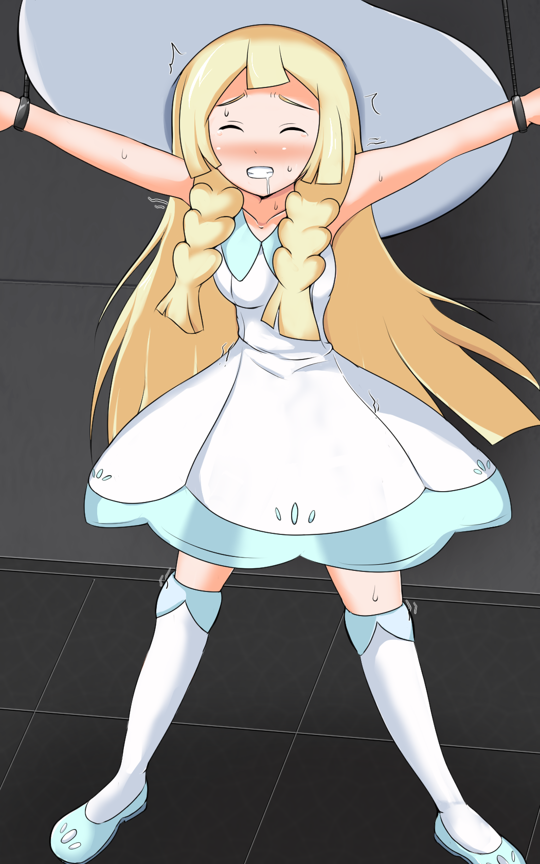 1girl arms_up bdsm blonde_hair blue_footwear blush bondage bound braid breasts clenched_teeth closed_eyes collarbone creatures_(company) cuffs dress drooling embarrassed female_focus game_freak hat have_to_pee highres indoors kaimu_(qewcon) kneehighs legs_apart lillie_(pokemon) long_hair medium_breasts nintendo nose_blush pokemon pokemon_sm saliva shackles shoes sleeveless sleeveless_dress socks solo standing sun_hat sweat tears teeth trembling twin_braids white_dress white_hat white_socks