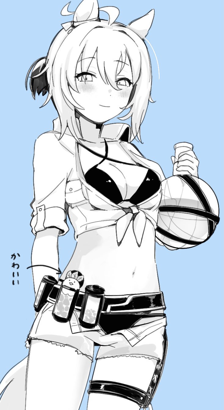 1girl agnes_tachyon_(lunatic_lab)_(umamusume) agnes_tachyon_(umamusume) ahoge animal_ears belt bikini bikini_under_clothes blue_background breasts cleavage closed_mouth collared_jacket commentary_request cowboy_shot criss-cross_halter cutoffs flask greyscale_with_colored_background halterneck highres holding holding_flask horse_ears jacket kanako_(hmybrw) kii-kun_(agnes_tachyon)_(umamusume) looking_at_viewer navel round-bottom_flask short_hair short_ponytail short_shorts shorts small_breasts smile solo swimsuit thigh_strap tied_jacket umamusume