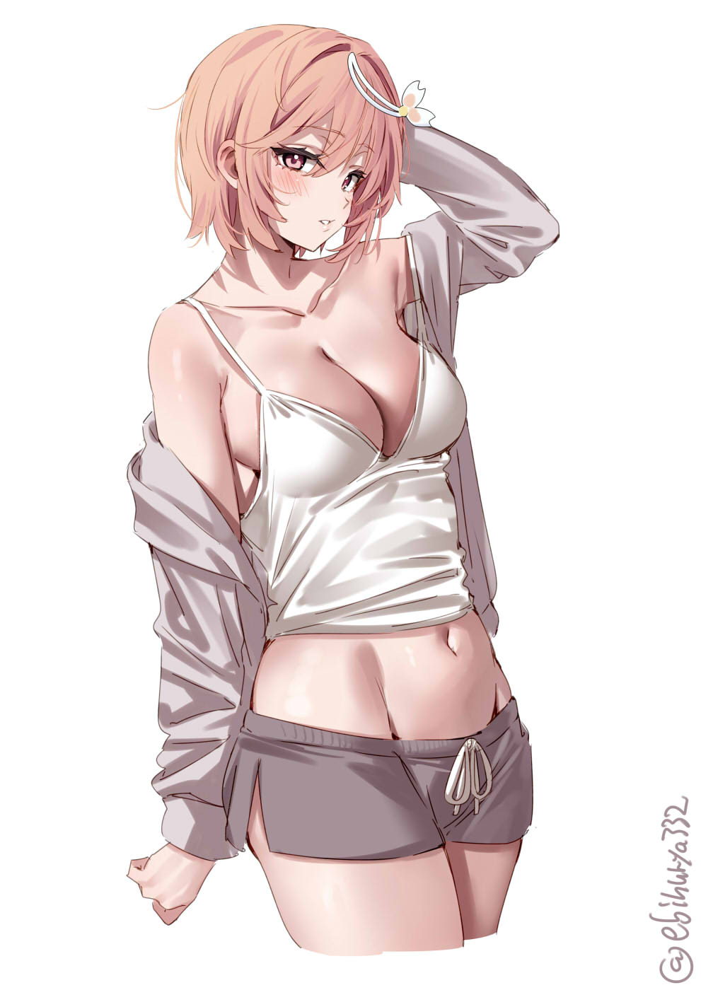 1girl arm_behind_head arm_up bare_shoulders blush breasts camisole cleavage commentary_request crop_top cropped_legs drawstring ebifurya grey_jacket grey_shorts groin hair_between_eyes hair_intakes highres i-58_(kancolle) jacket kantai_collection looking_at_viewer medium_breasts navel off_shoulder open_clothes open_jacket pink_hair purple_eyes shorts simple_background solo twitter_username white_background white_camisole