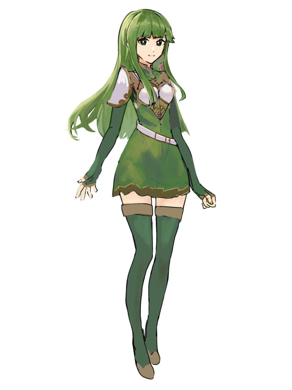 1girl armor breastplate closed_mouth dress fire_emblem fire_emblem_echoes:_shadows_of_valentia full_body graffiti_uthn green_dress green_eyes green_hair green_thighhighs highres long_hair looking_at_viewer nintendo palla_(fire_emblem) shoulder_armor sidelocks smile solo thighhighs white_background