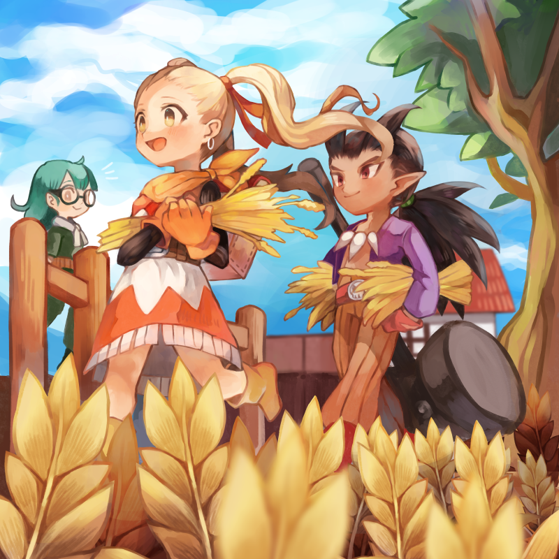 1boy 2girls antenna_hair aqua_hair backpack bag belt black_hair black_sleeves blonde_hair blue_sky blurry bone_necklace boots chako_(dqb2) closed_mouth cloud commentary_request dark-skinned_male dark_skin depth_of_field dragon_quest dragon_quest_builders_2 dress earrings female_builder_(dqb2) fence floating_hair fringe_trim from_below glasses gloves green_eyes hair_pulled_back hair_ribbon hammer holding_wheat hoop_earrings hotaro_(bread_fusa) jewelry long_hair low_ponytail multiple_girls notice_lines open_clothes open_shirt orange_pants pants pointy_ears purple_shirt red_belt red_eyes red_gloves red_ribbon ribbon shirt sidoh_(dqb2) skull_belt sky smile spiked_hair striped_clothes striped_pants tree twintails wheat yellow_gloves