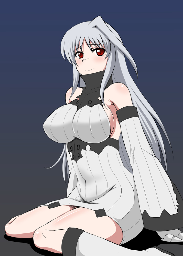 1girl abyssal_ship bare_shoulders breasts cosplay detached_sleeves dress female_focus kantai_collection large_breasts long_hair lyrical_nanoha mahou_shoujo_lyrical_nanoha mahou_shoujo_lyrical_nanoha_a&#039;s red_eyes reinforce ribbed_dress seaport_hime_(cosplay) seaport_princess short_dress sideboob single_hair_intake solo thighs white_hair zerosu_(take_out)