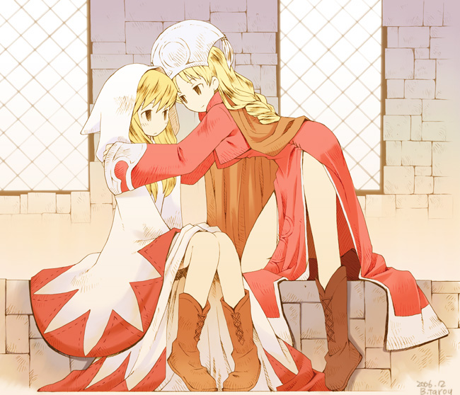 2girls b.tarou bakuhatsu_tarou blonde_hair boots braid brown_eyes cape couple final_fantasy final_fantasy_tactics hat long_hair multiple_girls orator_(fft) robe sitting white_mage white_mage_(fft) white_mage_(final_fantasy) yuri