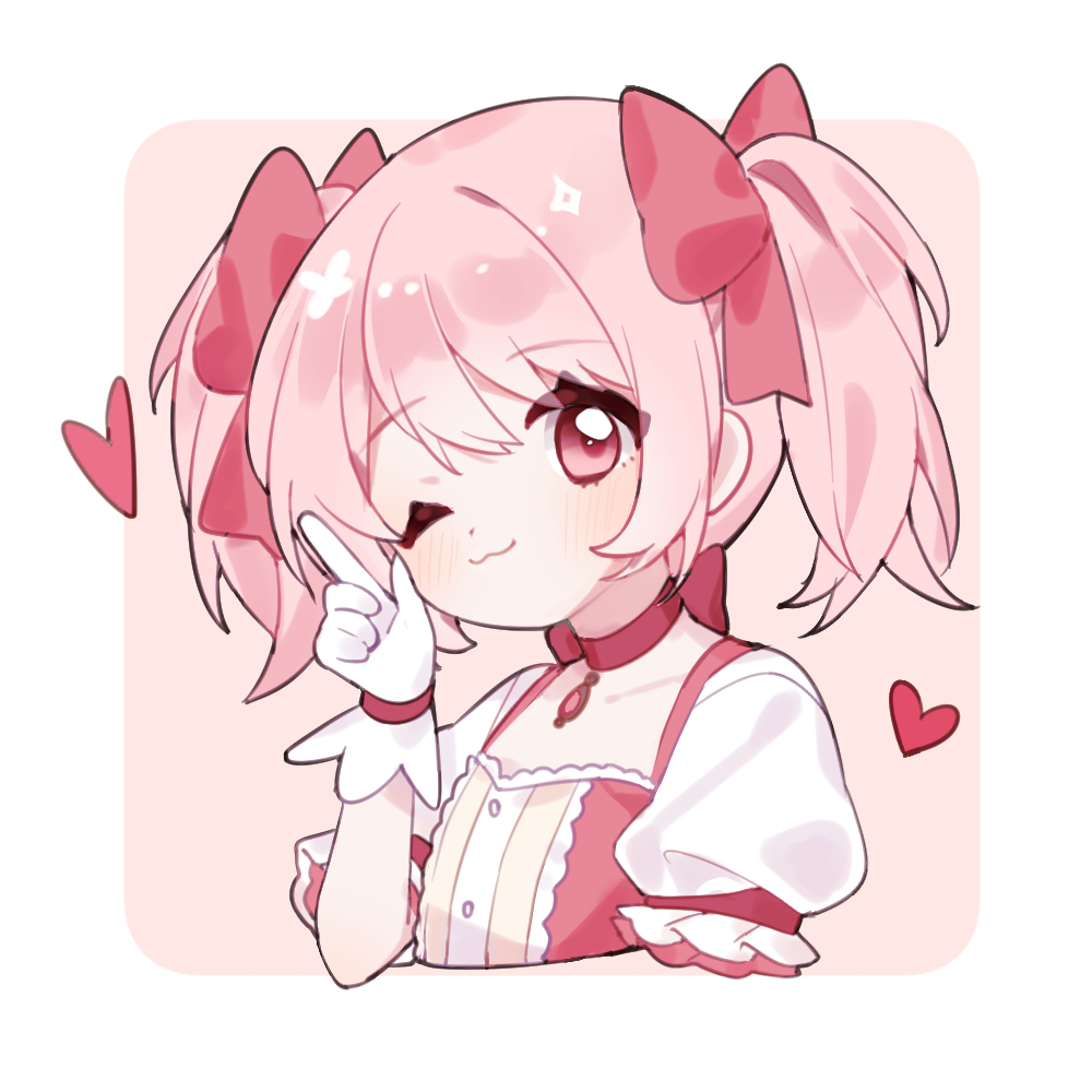 1girl :3 arm_up border bow chest_jewel choker closed_mouth commentary deformed gloves hair_bow head_tilt heart index_finger_raised kaname_madoka kaname_madoka_(magical_girl) mahou_shoujo_madoka_magica mahou_shoujo_madoka_magica_(anime) one_eye_closed pink_background pink_eyes pink_hair puffy_short_sleeves puffy_sleeves red_bow red_choker roro_(lolo) short_hair short_sleeves simple_background solo symbol-only_commentary twintails upper_body white_border white_gloves