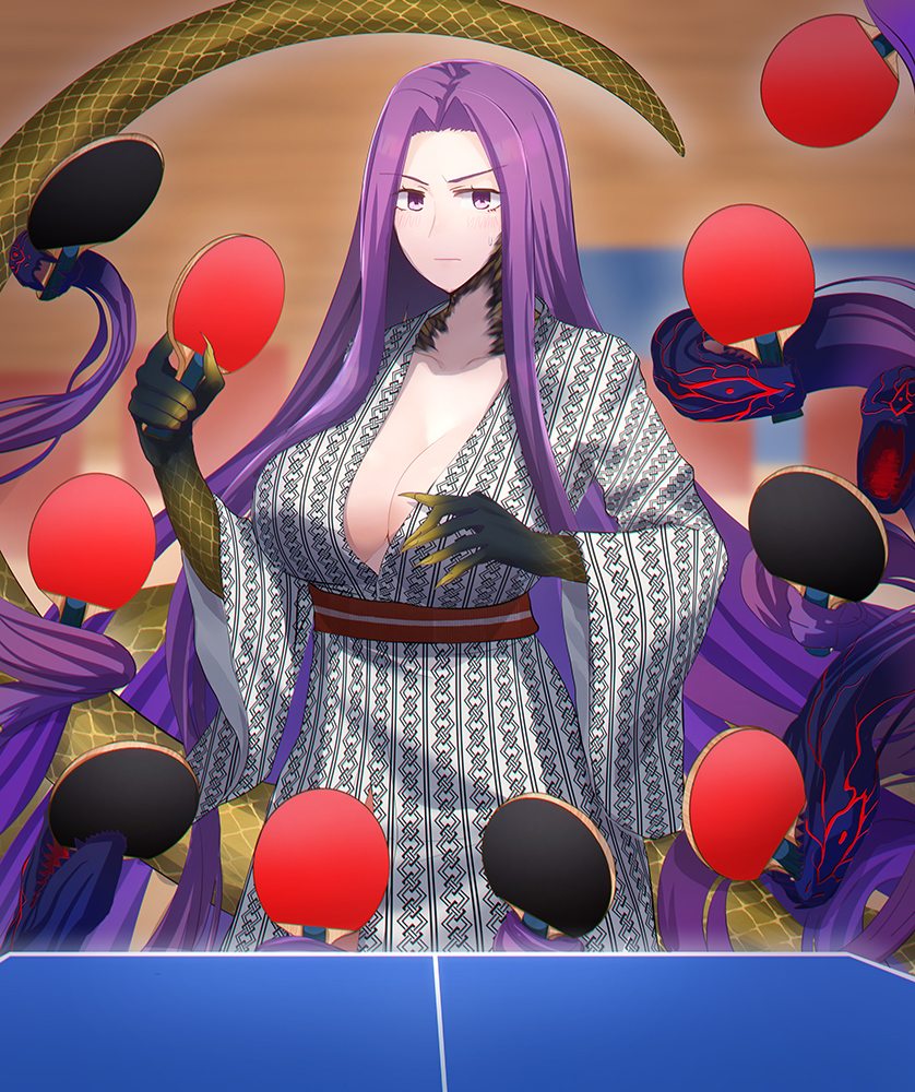 1girl bare_shoulders bath_yukata breasts claws cleavage closed_mouth collarbone fangs fate/grand_order fate_(series) forehead gorgon_(fate) hair_intakes japanese_clothes kimono large_breasts long_hair long_sleeves looking_at_viewer medusa_(fate) medusa_(rider)_(fate) minami_koyogi monster_girl mundane_utility paddle parted_bangs purple_eyes purple_hair rider sash scales snake snake_hair snake_tail solo square_pupils table_tennis table_tennis_paddle tail very_long_hair wide_sleeves yukata