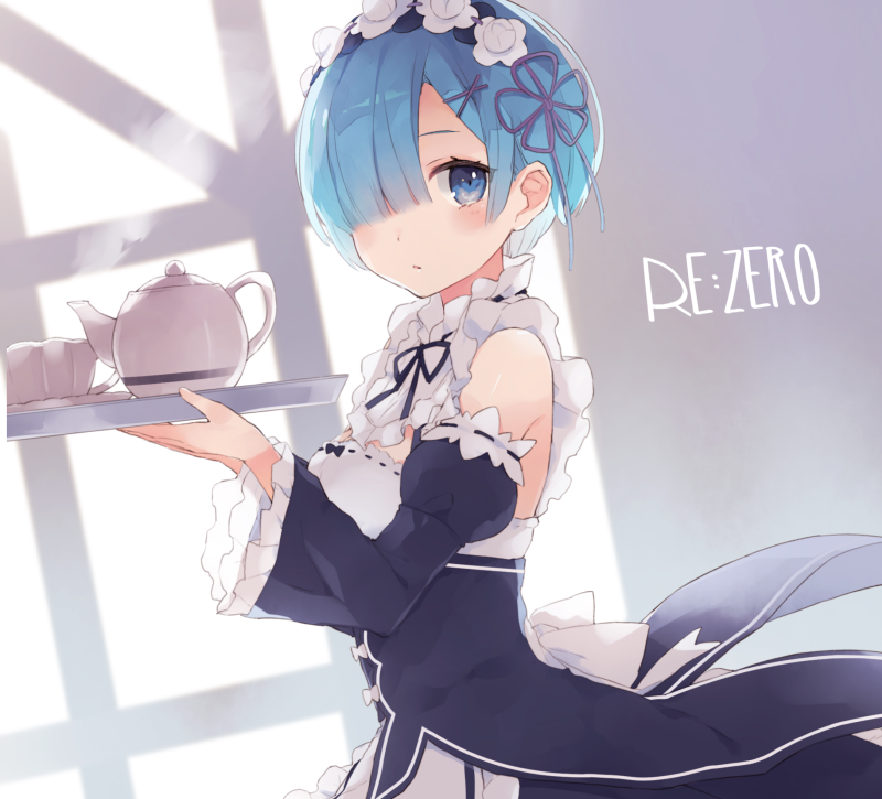 10s 1girl apron bad_id bad_pixiv_id blue_eyes blue_hair blush copyright_name cup detached_sleeves dress enomoto_hina expressionless female_focus frilled_sleeves frills from_side hair_ornament hair_over_one_eye holding holding_tray looking_at_viewer maid maid_headdress matching_hair/eyes neck_ribbon re:zero_kara_hajimeru_isekai_seikatsu rem_(re:zero) ribbon ribbon-trimmed_clothes ribbon-trimmed_sleeves ribbon_trim shadow short_hair solo steam teapot tray x_hair_ornament