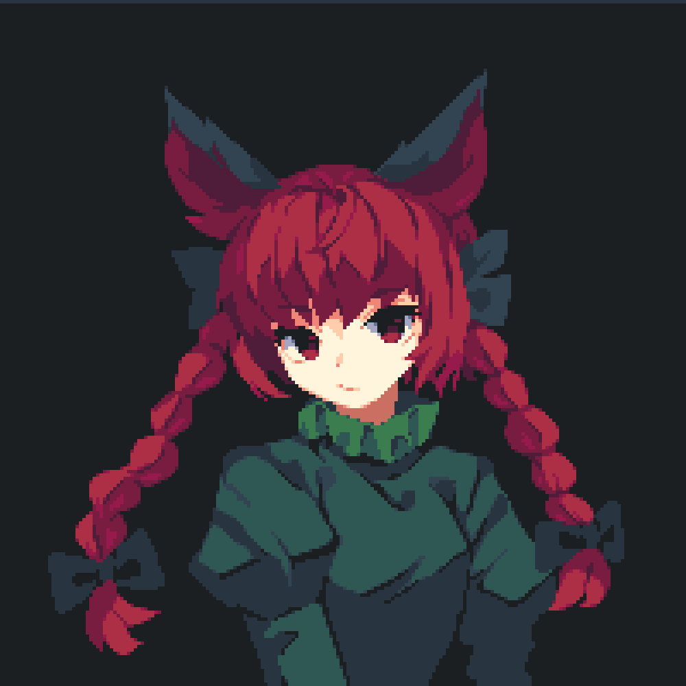 1girl 4qw5 :/ animal_ears black_background bow braid cat_ears dark_background hair_bow kaenbyou_rin long_hair looking_at_viewer pixel_art red_eyes red_hair simple_background solo tail touhou twin_braids