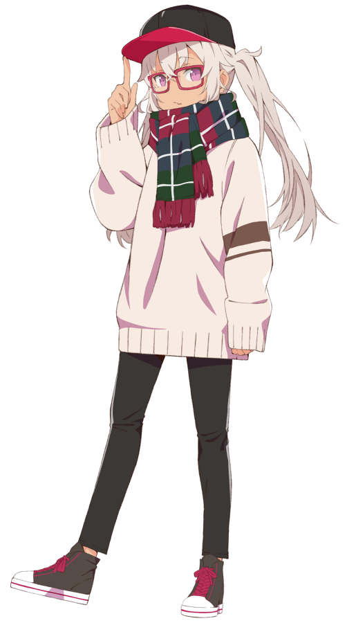 1girl akitetsu baseball_cap bespectacled dark-skinned_female dark_skin flat_chest full_body glasses grey_hair hat index_finger_raised long_hair looking_at_viewer matsukai_mao nijisanji pants purple_eyes scarf shoes sneakers solo sweater transparent_background twintails virtual_youtuber