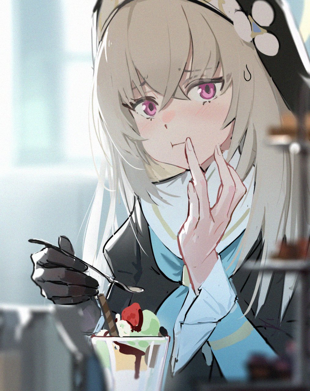 1girl black_gloves blue_archive blurry blush depth_of_field eating food gloves grey_hair habit highres holding holding_spoon long_hair looking_at_viewer nun parfait pink_eyes sakurako_(blue_archive) shioda_(shioda_5) single_glove solo spoon sweatdrop upper_body