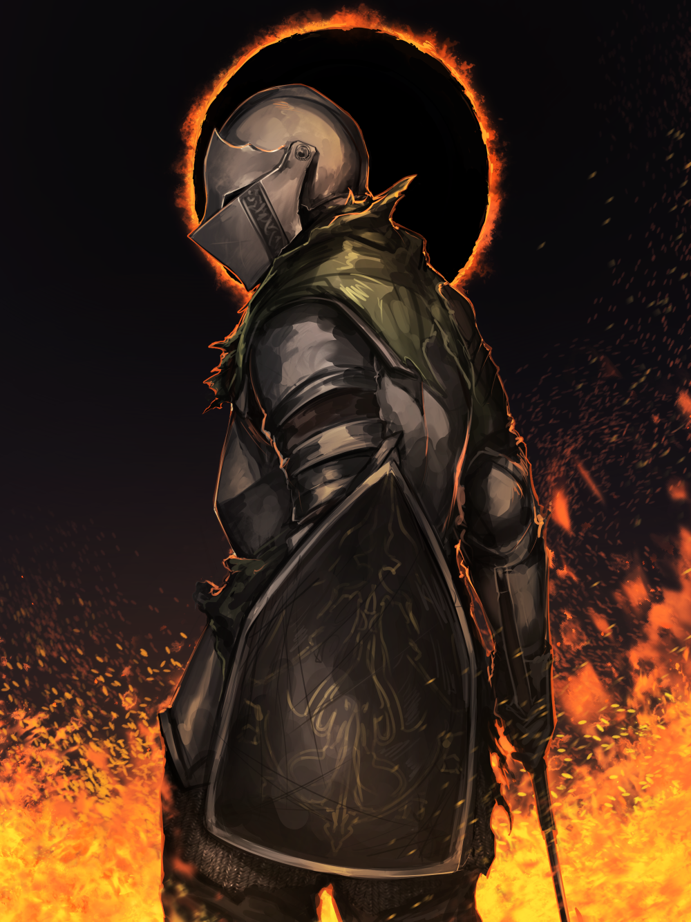 armor covered_eyes cowboy_shot dark_souls_(series) dark_souls_iii embers fire fixro2n full_armor helm helmet highres holding holding_shield holding_sword holding_weapon knight metal shield solo standing sword upper_body weapon