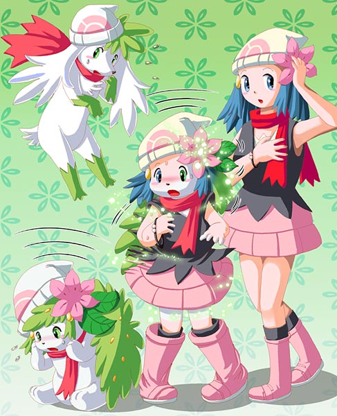 blue_eyes blue_hair blush creatures_(company) dawn_(pokemon) edmol embarrassed game_freak gen_4_pokemon green_eyes hat legendary_pokemon mythical_pokemon nintendo pink_skirt pokemon pokemon_(creature) scarf shaymin skirt transformation