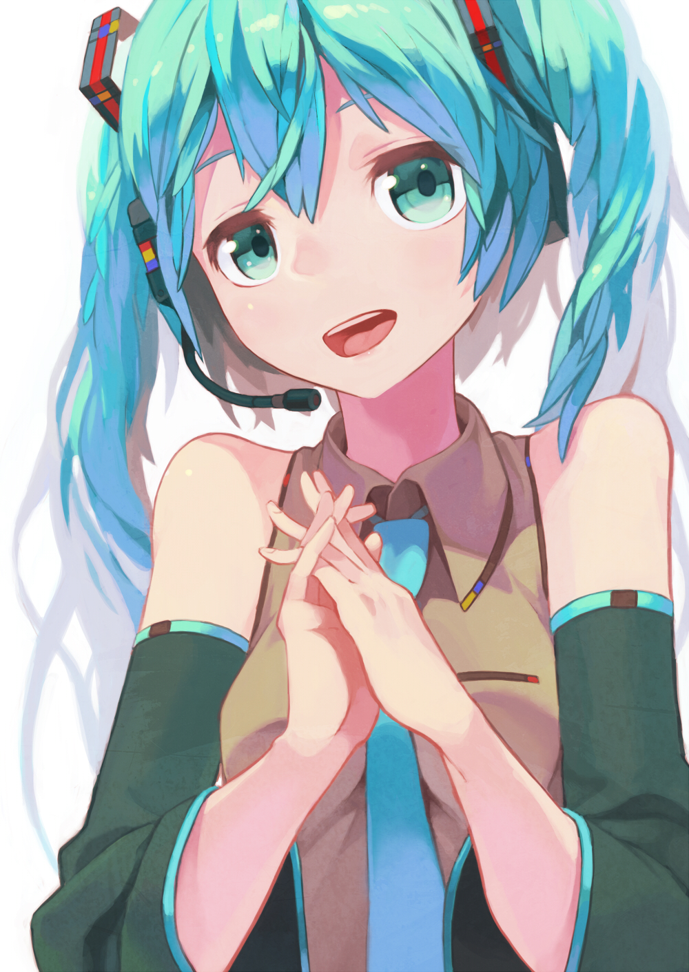 1girl aqua_eyes aqua_hair bad_id bad_pixiv_id detached_sleeves female_focus hatsune_miku headphones headset highres necktie open_mouth smile solo tomioka_jirou twintails vocaloid white_background